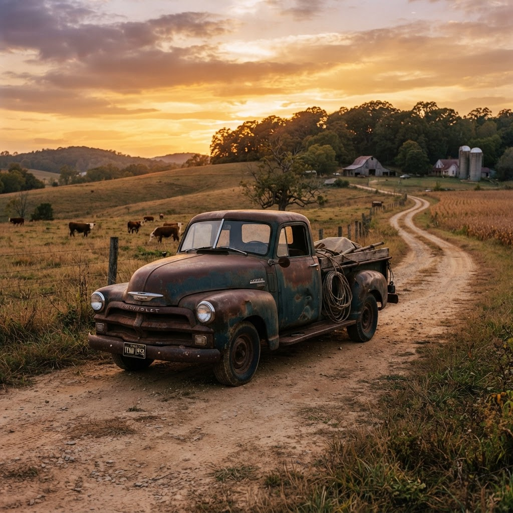 Vintage pickup truck on a dirt road at golden hour